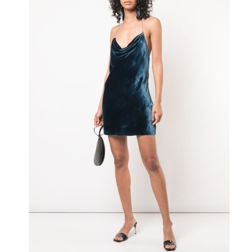 CINQ À SEPT 'Anika' Chain-Strap Velvet Halter Mini-Dress, Lapis Blue